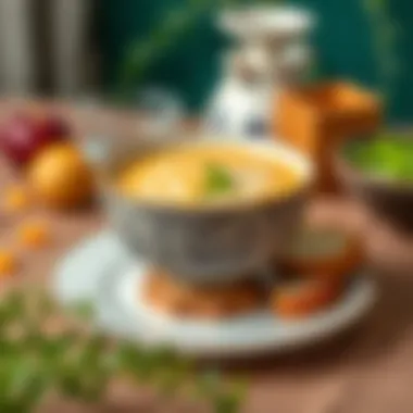 Elegant Presentation of Creamy Soup A beautifully presented bowl of creamy soup on a table