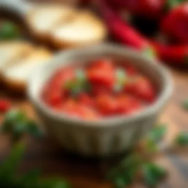 An elegant bowl of red pepper paste garnished with herbs.