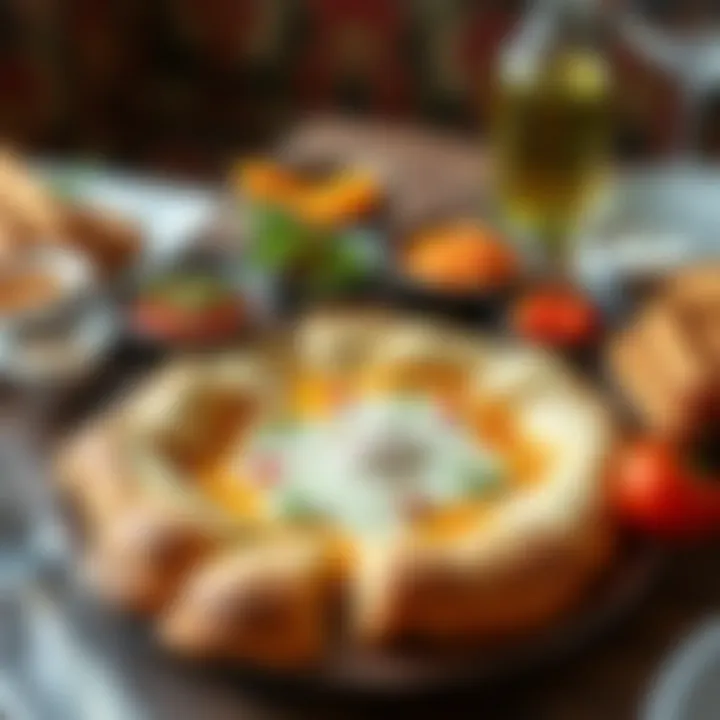 A beautifully arranged plate of pide with dips and sides