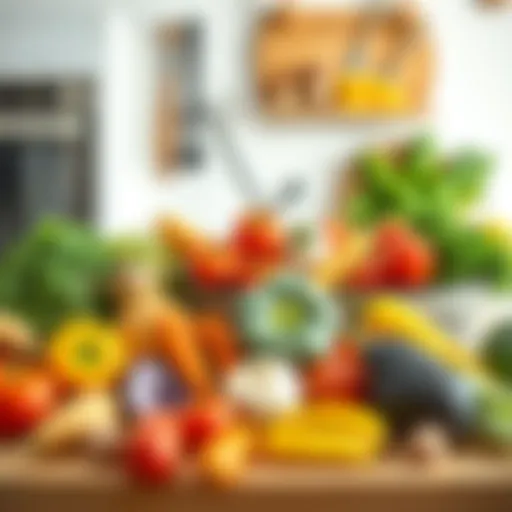 A colorful array of fresh vegetables and fruits arranged playfully on a kitchen countertop.