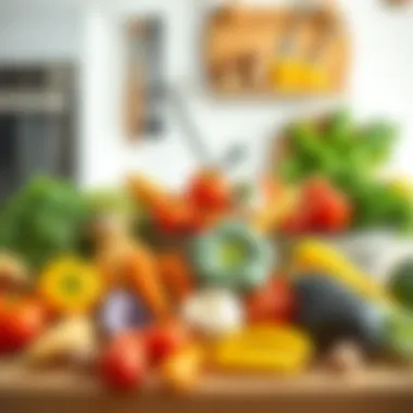 Vibrant Ingredients for Little Chefs A colorful array of fresh vegetables and fruits arranged playfully on a kitchen countertop.