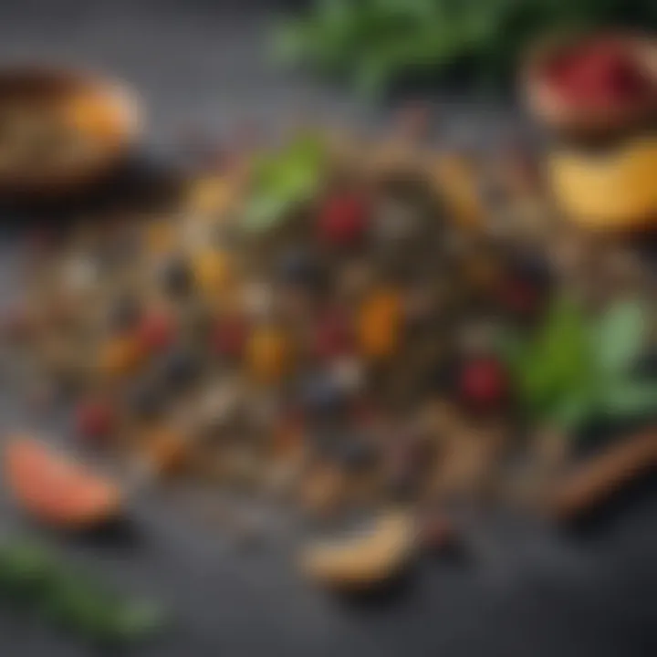 A close-up view of detox tea ingredients including herbs and spices.