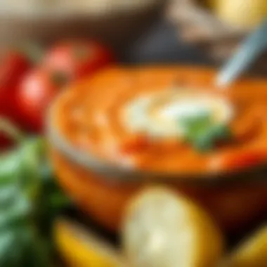 Traditional Tomato Herb Dip A close-up of a traditional tomato dip served with fresh herbs and spices.