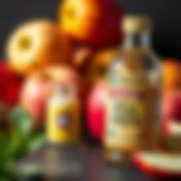 A close-up of apple cider vinegar with apples in the background