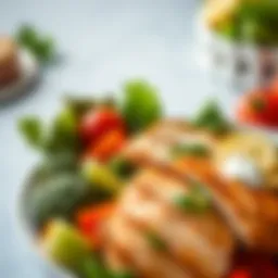 Dynamic illustration of a balanced meal showcasing fresh vegetables and lean protein.
