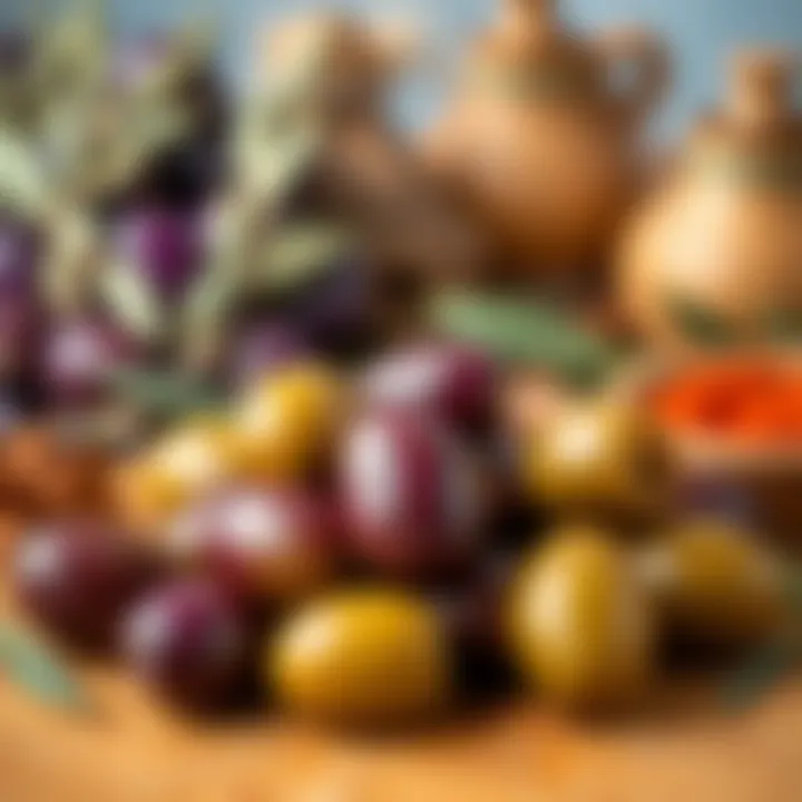 The Essence of Fresh Olives in Turkish Cuisine Fresh olives being showcased with a backdrop of traditional Turkish herbs and spices.