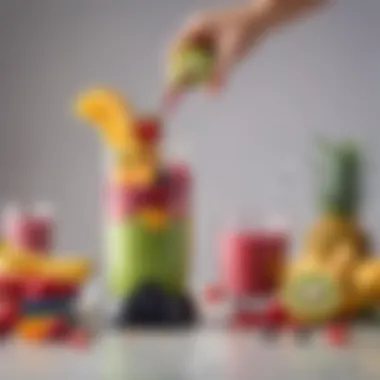 Perfectly Blended Smoothie Experience A fruit blender in action with a smoothie pouring out