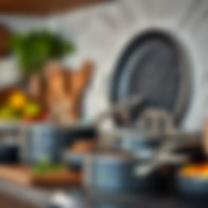 Stylish Collection of Granite Cookware A collection of granite cookware on a kitchen shelf