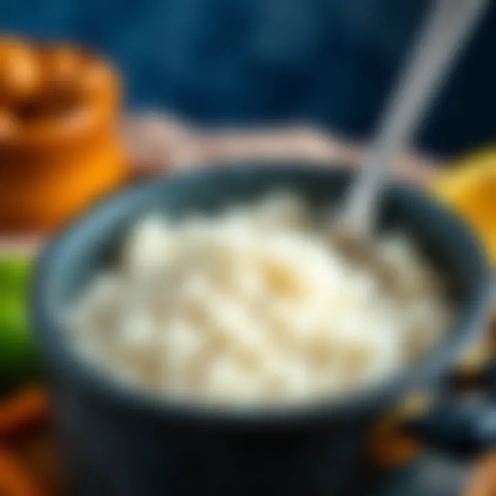 Perfection in Every Grain Close-up of perfectly cooked rice in a granite pot