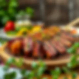 A beautifully grilled kebap on a wooden platter, showcasing its juicy texture and vibrant spices.