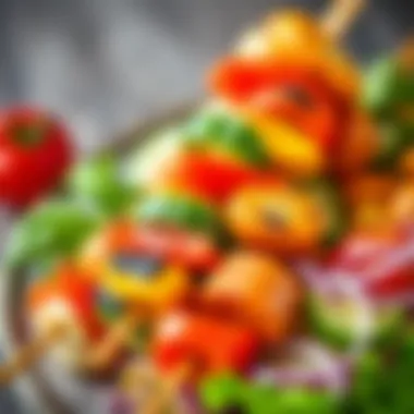 An artistic close-up of kebap skewers with fresh vegetables, emphasizing color and freshness.