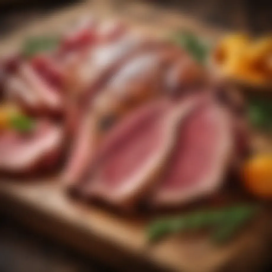 A close-up of gourmet duck meat displayed on a wooden table