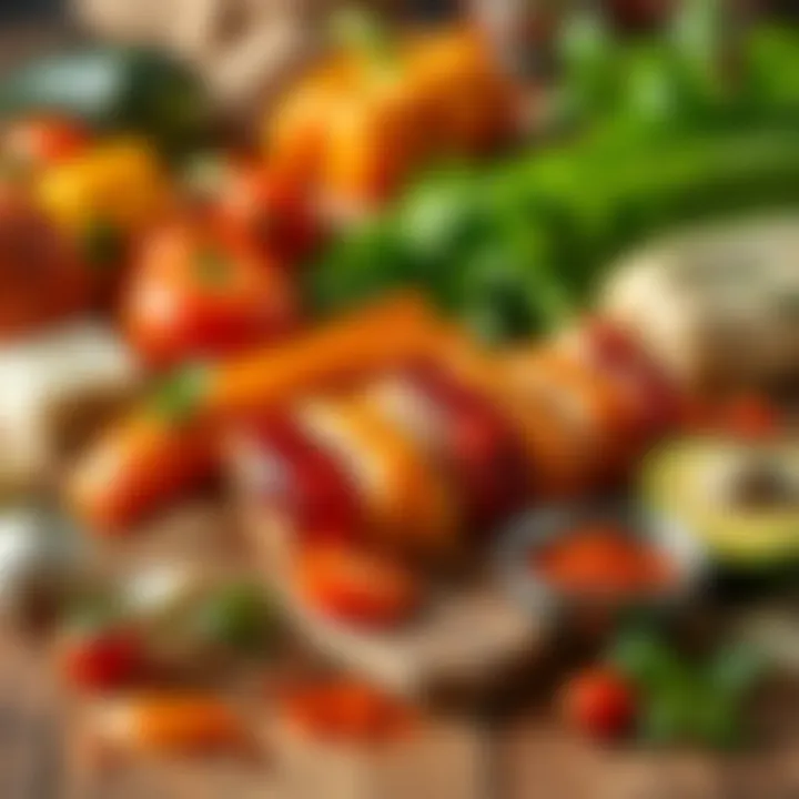Fresh Ingredients for Kebabs Ingredients used for kebabs including fresh vegetables and spices arranged artfully on a wooden table