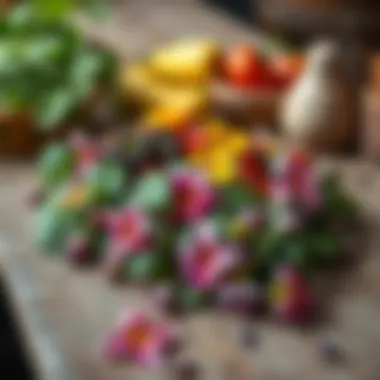 Artful Display of Kirlangıç Herb An artistic arrangement of Kirlangıç leaves and flowers on a rustic table