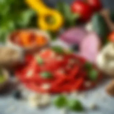 Colorful Ingredients for Unique Pasta An array of ingredients used to create red velvet pasta, showcasing its unique color and texture.