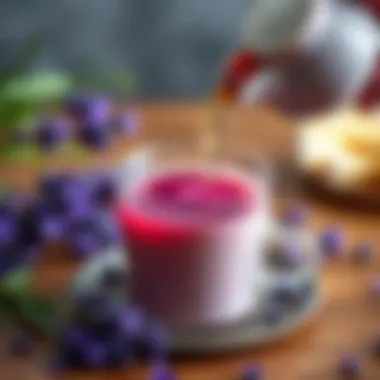 Lavender tea being poured into a cup