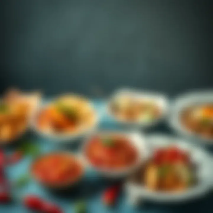 Diverse Dishes with Sweet Pepper Paste A creative arrangement of dishes featuring sweet pepper paste as an ingredient