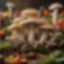 A close-up view of oyster mushrooms growing on a substrate