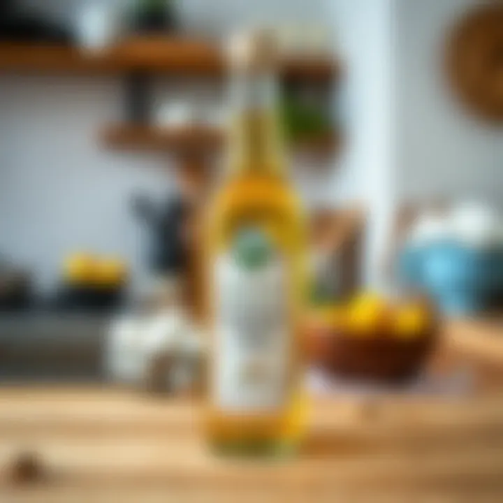 A bottle of cottonseed oil placed on a wooden kitchen countertop.