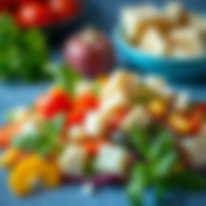 Fresh Ingredients for a Nutritious Cheese Salad A close-up of fresh ingredients for a cheese salad, showcasing colorful vegetables