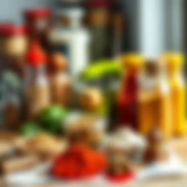 Artful Spice Assortment A colorful assortment of spices and seasonings arranged artfully on a countertop