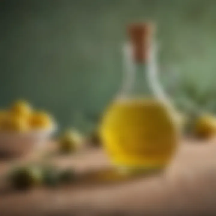 A detailed view of refined olive oil in a bottle, highlighting its clarity and light color.