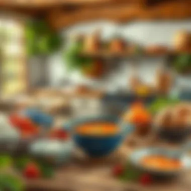 Rustic Kitchen: Ready for Soup Creation A rustic kitchen setting with soup ingredients ready