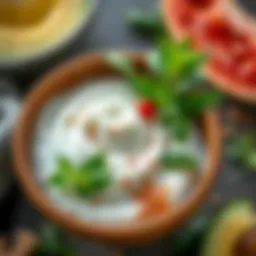 A bowl of strained yogurt with fresh herbs and spices