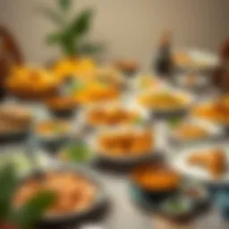 Traditional iftar table setting with diverse dishes