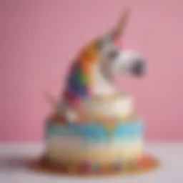 A beautifully decorated unicorn-themed birthday cake adorned with colorful sprinkles and a shimmering horn.