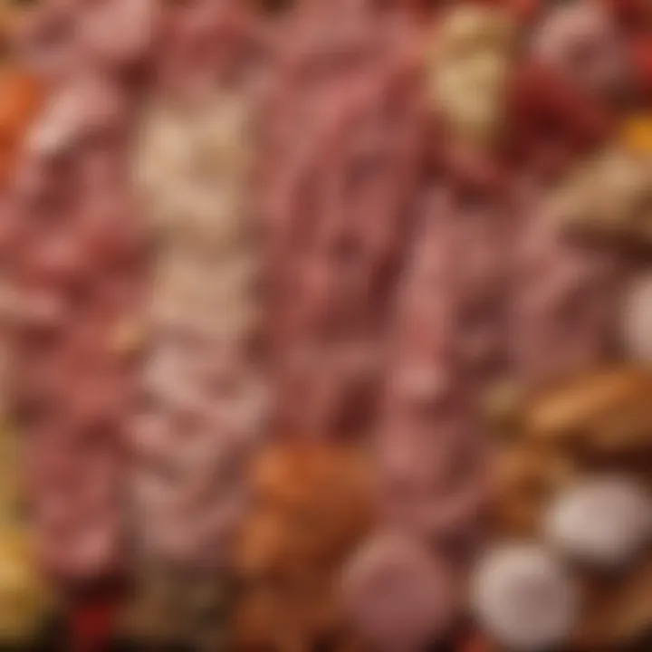 A vibrant display of various meat types ready for döner preparation