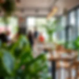 A serene vegan cafe ambiance with plants and natural light