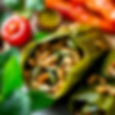 Delicious Filling of Vine Leaves A close-up of the delicious filling of vine leaves