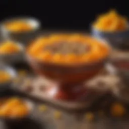 A vibrant bowl of zerde, showcasing its rich saffron color and garnished with nuts.